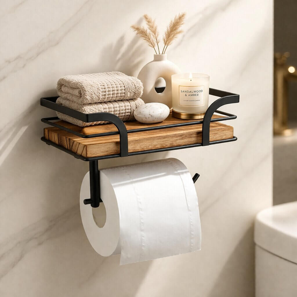Étagère murale avec porte-papier toilette métal & bois naturel